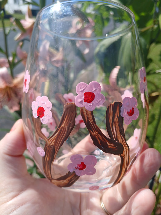Hand painted cherry blossom stemless wine glass