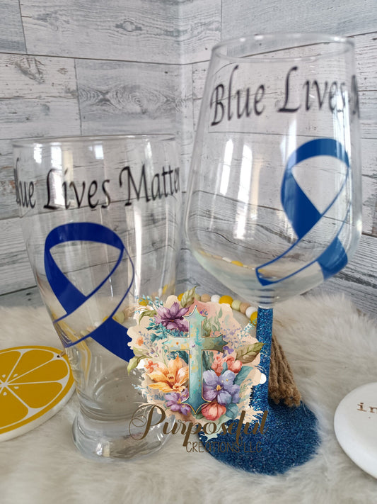 Blue lives matter wine glass and pilsner glass set